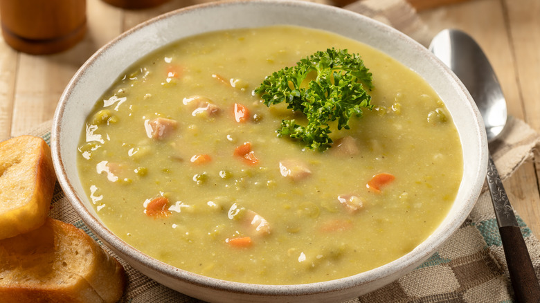 A bowl of split pea with ham soup.