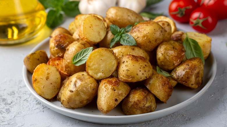 A plate of roasted potatoes