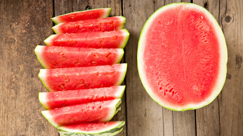 Seedless watermelon slices and half