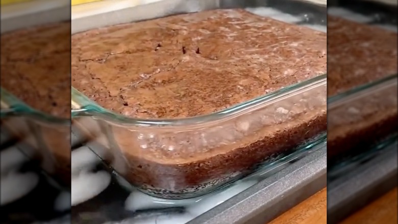 cooling brownies in an ice bath