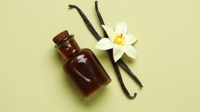 A corked bottle of vanilla extract with vanilla beans and a vanilla flower