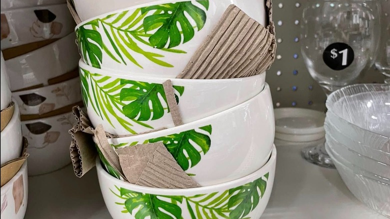 Tropical Leaf Printed Bowls on a shelf at Dollar General.