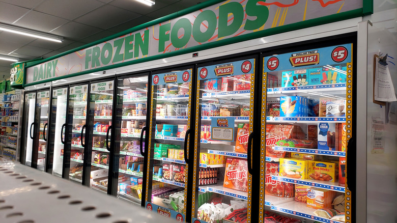 Dollar Tree Plus items are shown in the frozen foods section of a Dollar Tree store