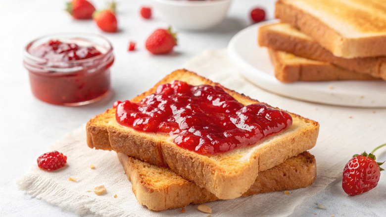 A plate of toast with jam.