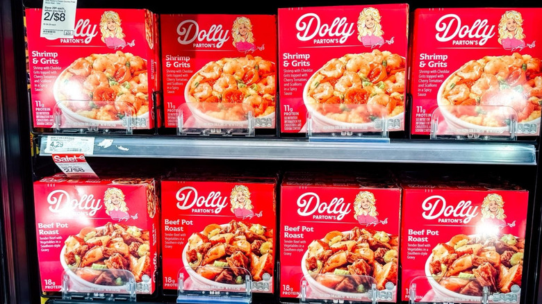 Boxes of Dolly Parton's frozen meals sit in a freezer