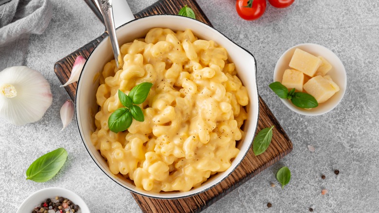 Creamy mac and cheese in a white dish