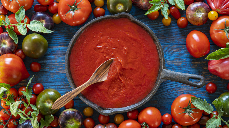 Tomato sauce surrounded by tomatoes