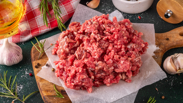 Raw ground beef on a cutting board