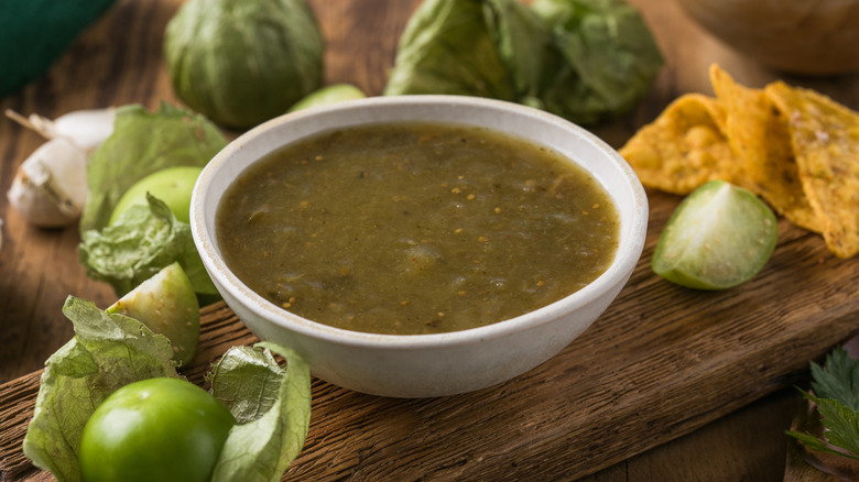 A salsa verde in a small white bowl