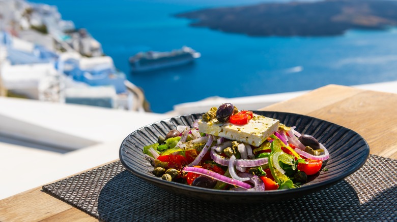 Greek salad on a table in Greece