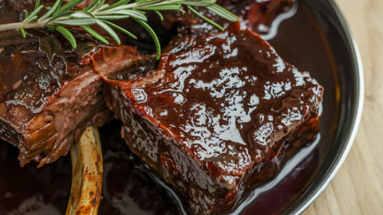 Braised short ribs in a rich, dark red wine sauce