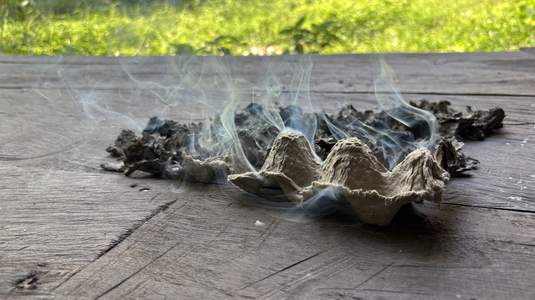 An empty, smoking egg carton