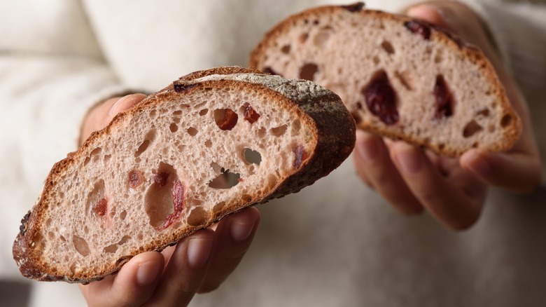 Hands holding two slices of crusty bread