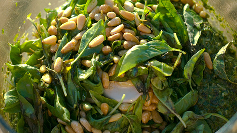 View inside food processor full of basil pesto ingredients