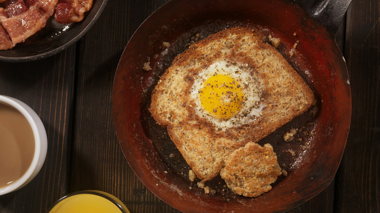 egg in a hole in a pan