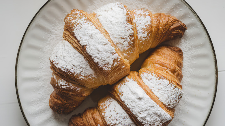 Plate of two croissants with powdered sugar on top