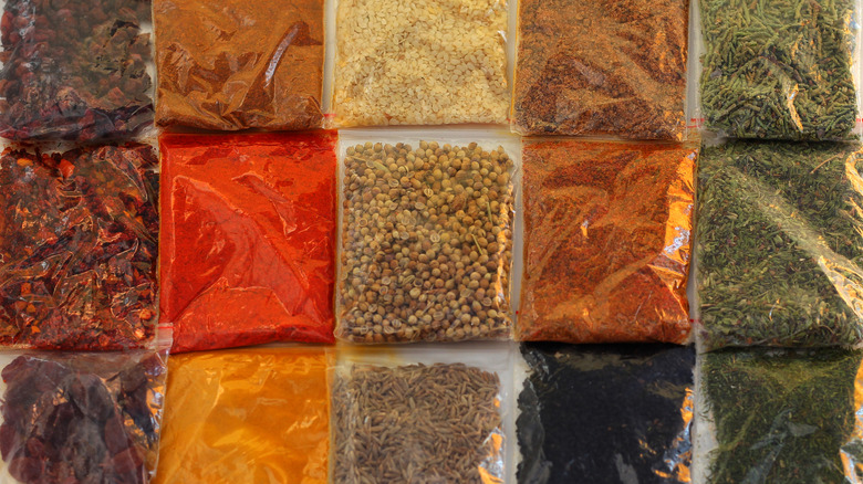 Various spice blends in plastic bags