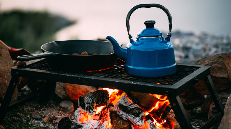Skillet and kettle on grate over fire