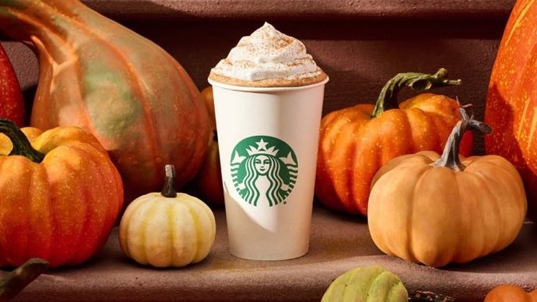 Cup of Starbucks Pumpkin Spice Latte among different pumpkins.