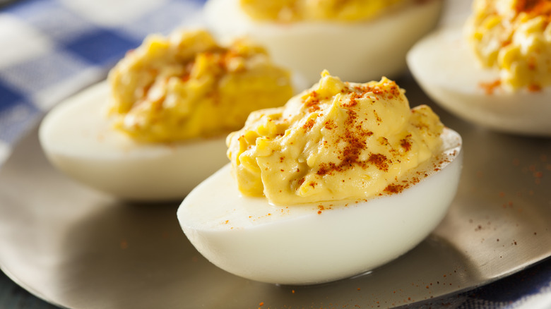 plate of deviled eggs close up