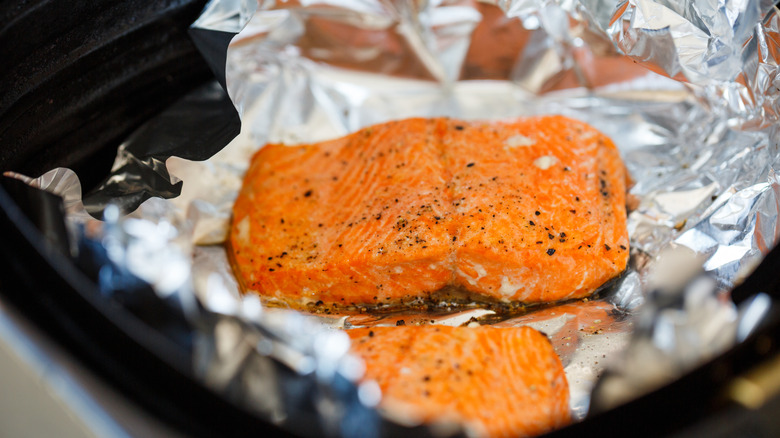 Close up of prepared air fryer salmon.