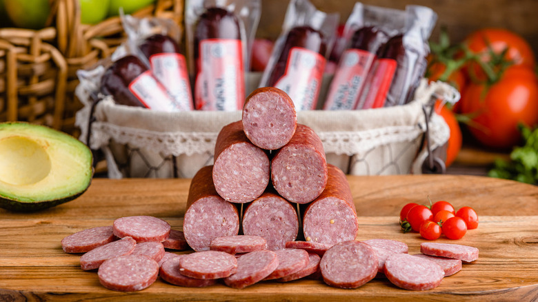 Echo Valley Meats cured meat tube in pyramid stack on table