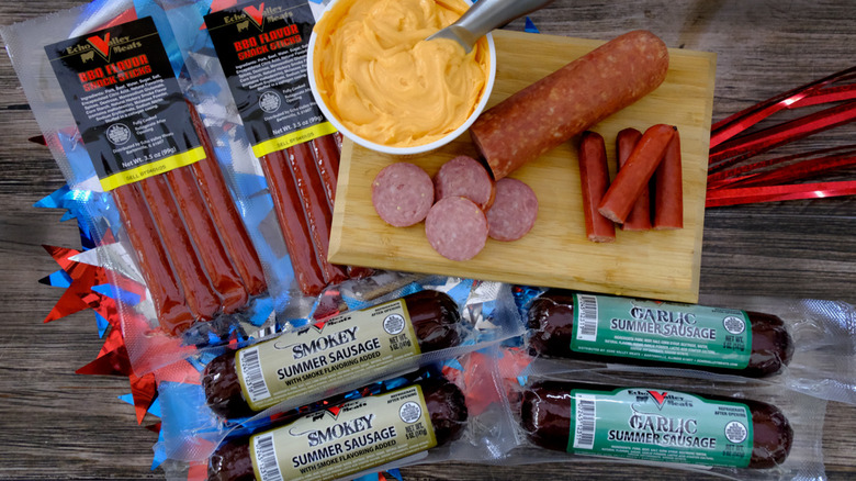 A spread of Echo Valley Meat products like sausage and cheese spread