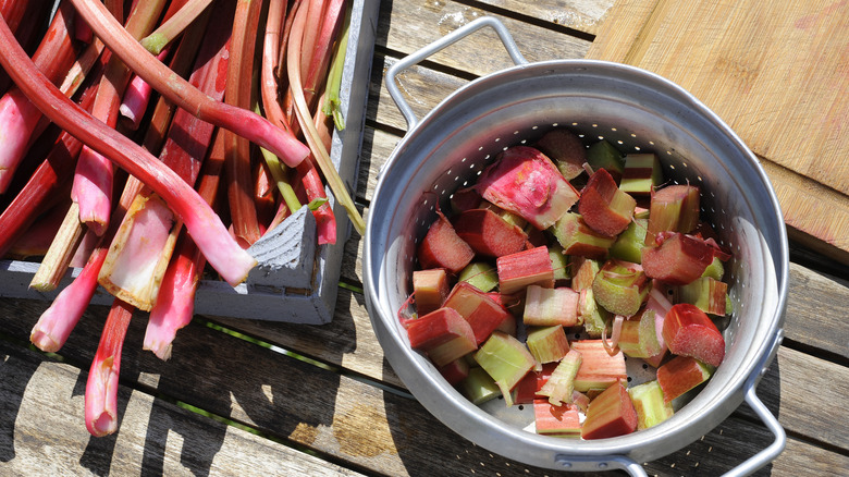 Rhubarb being prepared and cut