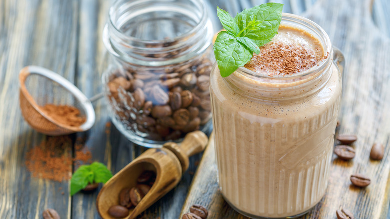 coffee smoothie in a mason jar