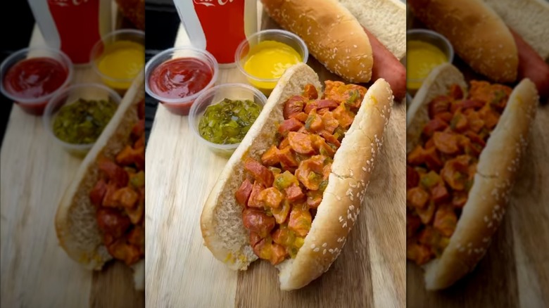 Costco chopped hot dog served on cutting board.