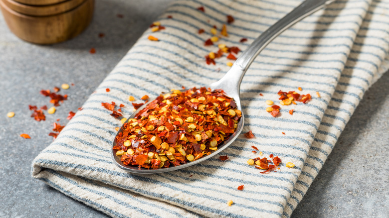 Red pepper flakes held in spoon.