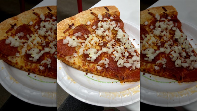 Onion garnished pizza slice displayed.