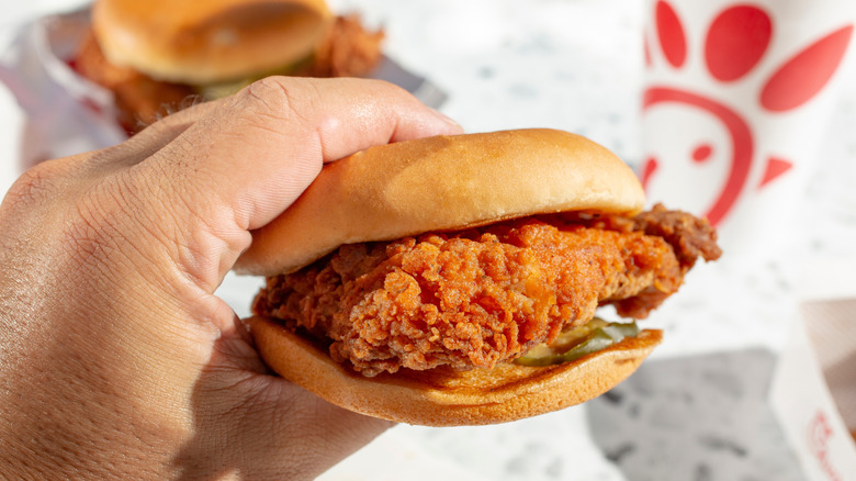 Person holding Chick-Fil-A sandwich.