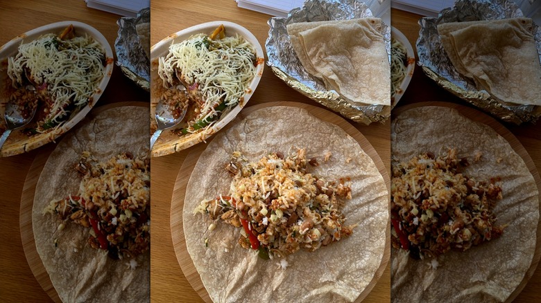 A Chipotle burrito bowl with tortillas on the side.