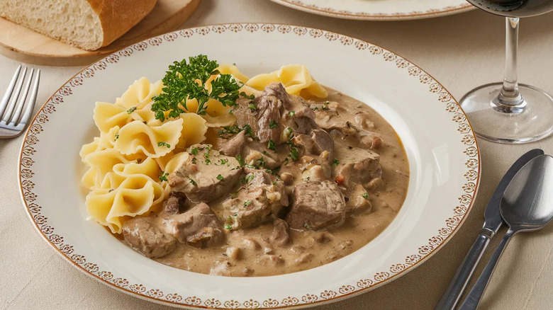 A plate of beef stroganoff served with bowtie pasta and garnished with parsley