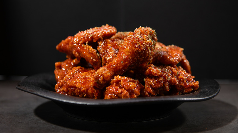 A plate of Korean-style fried chicken.