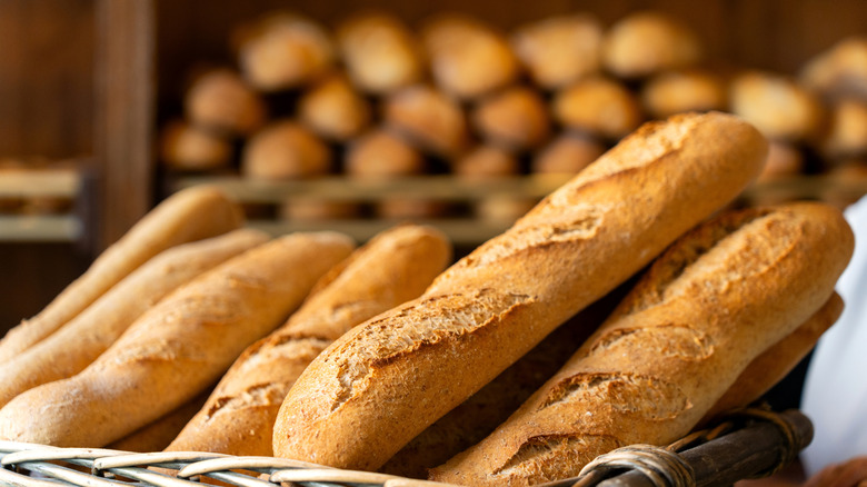 Loaves of baguettes in a shop