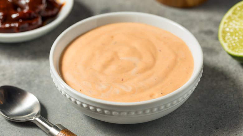 A white bowl of chipotle mayonnaise