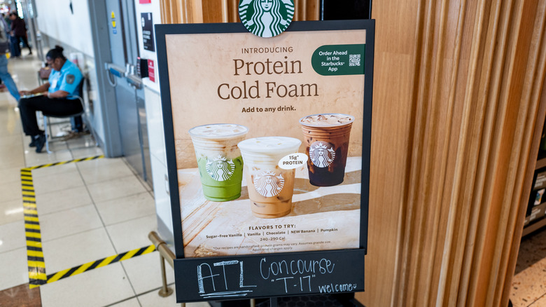 Sign for protein cold foam from Starbucks.