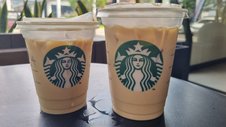 Two Starbucks iced drinks without caramel.