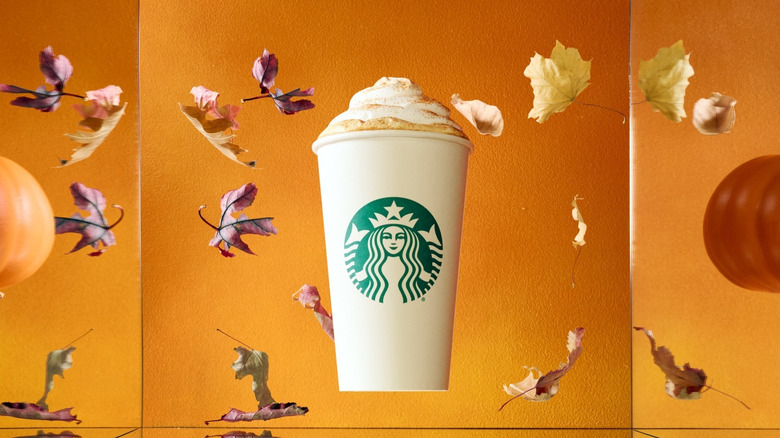 A floating PSL among pumpkins and falling autumn leaves.