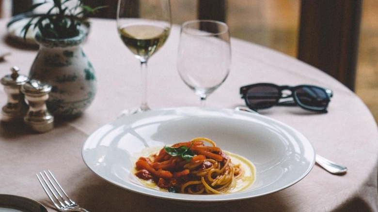 The Splendido hotel's Spaghetti alla Elizabeth Taylor plated on a white dish