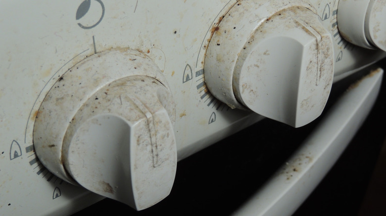 closeup of dirty oven knobs