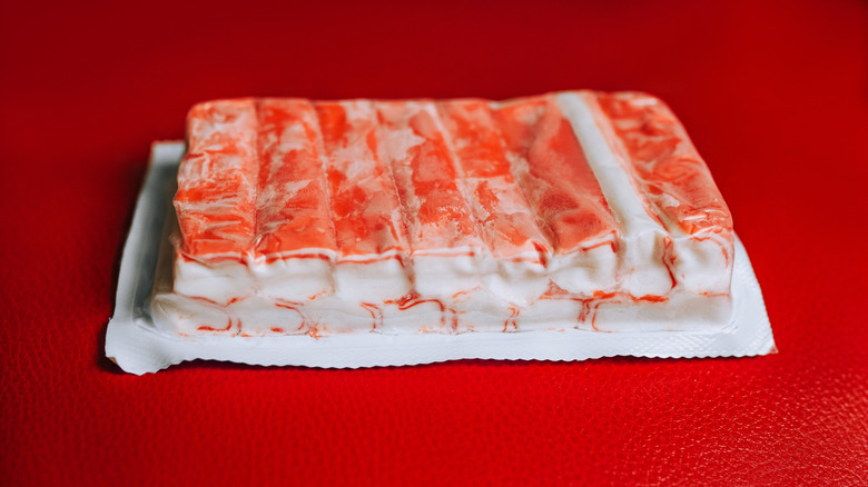 An unopened package of frozen imitation crab