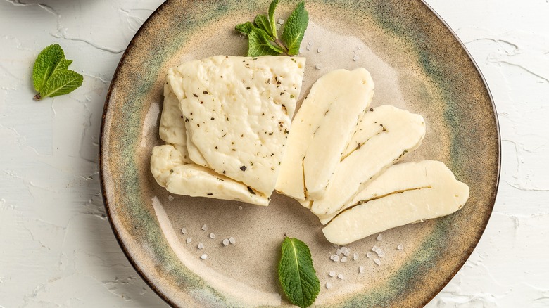 slices of halloumi cheese with mint
