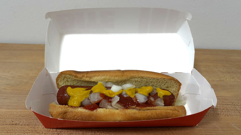 The famous 7-Eleven Big Bite hot dog with mustard and toppings