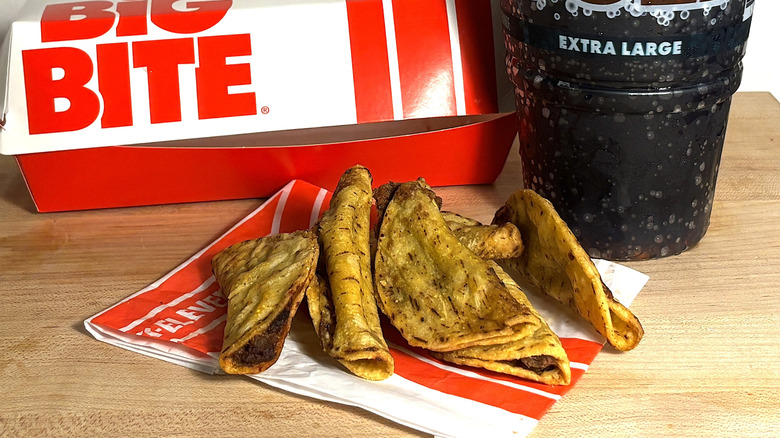 Beef mini tacos from 7-Eleven sitting on a cutting board