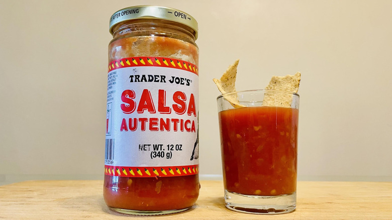 Jar and dish of Trader Joe's Salsa Autentica