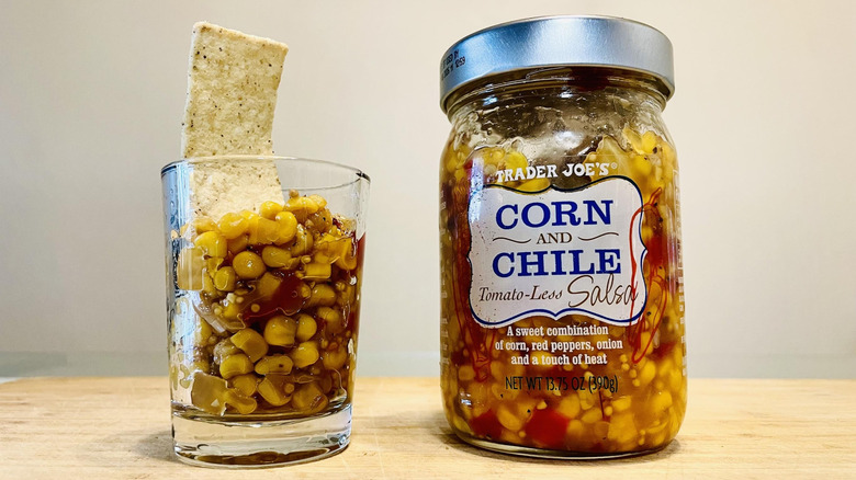 Jar and dish of Trader Joe's Corn And Chile Tomato-Less Salsa