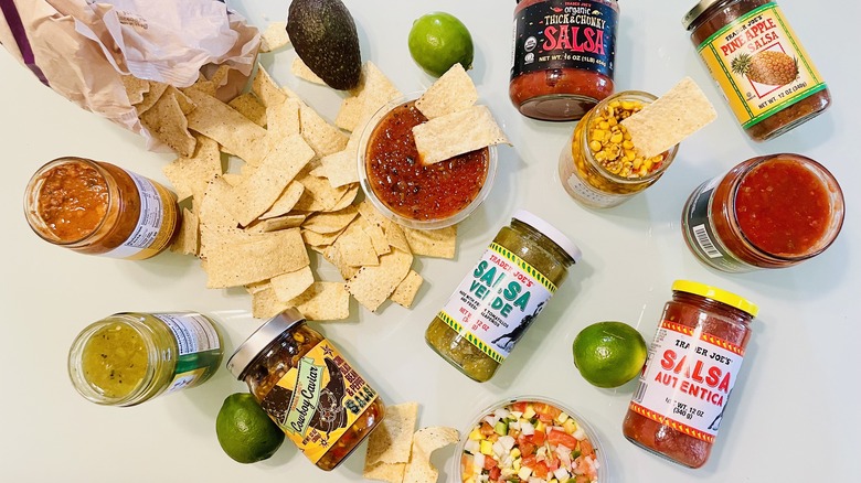 Collection of Trader Joe's salsas with tortilla chips